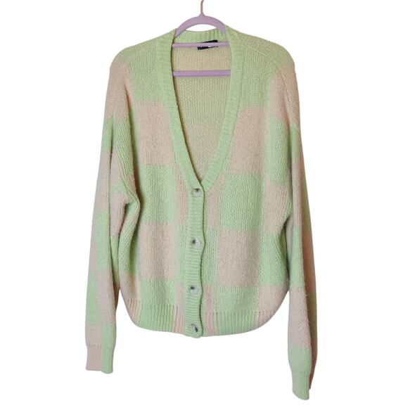 Stine Goya Amara Checker Pastel Green Peach Alpaca Knit Cardigan Sweater Medium - Picture 4 of 15
